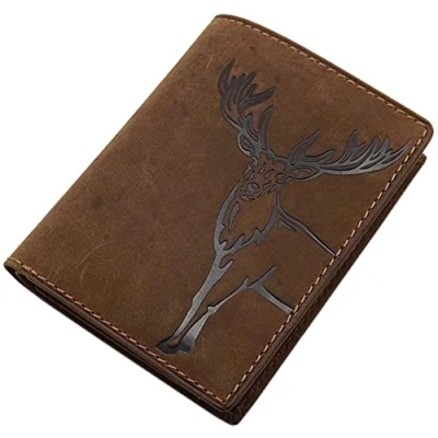 Imagen de myledershop Monedero de Piel búfalo con Ciervo, diseño en Altura o Formato oblongo Bloqueo RFID y NFC Color Marrón, Modelo 1 Retrato Talla única, Único