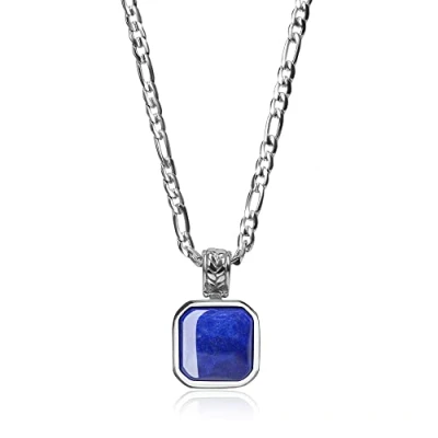 Imagen de COAI Collar para Mujer con Cadena Figaro en Acero Inoxidable y Colgante Cuadrado de Lapislázuli Piedra Natural