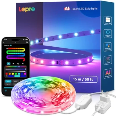 Imagen de Lepro S1 AI Tira LED 15M, Iluminación Generada por LLM, Luces MagicColor, Funciona con Alexa y Google Assistant, Reconocimiento, Sincronización Música, WiFi para Dormitorio, TV, Fiesta