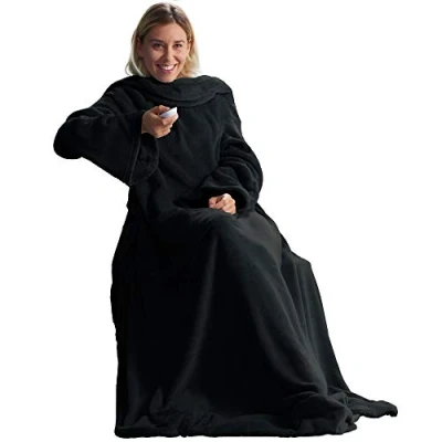 Imagen de Celin ATEX Manta con Mangas 150 x 180 cm + 35 Soporte Funda Colcha Microfibra Forro Polar Supersuave Negro