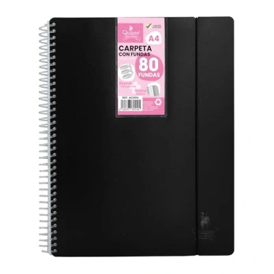 Imagen de Quijote Paper World Carpeta Espiral Flexible Organizadores, con 80 fundas, transparentes lisas, A4, tapa de plástico resistente. Uso oficina, escolar, personal Color NEGRO.