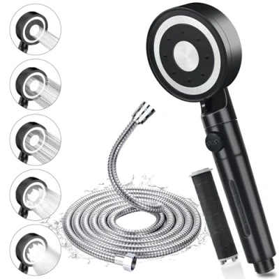 Imagen de BEIJIE Alcachofa de Ducha con Manguera, Alta Presión 5 Modos Chorro, Antical Cabezal Filtro, Telefono Ahorro Agua Parada Un Botón, Negro Mate