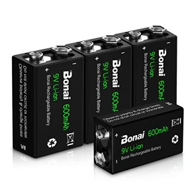 Imagen de BONAI Pila 9V Recargable 600mAh Li Ion Pilas 4 Piezas Precargada Baja Autodescarga 1200 Ciclos Larga Duración para Micrófonos, Alarma de Humos, Juguetes electrónicos, Walkie Talkie