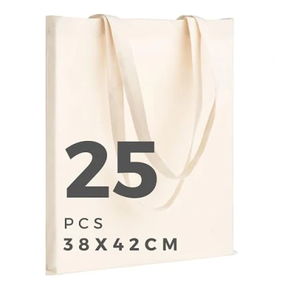 Imagen de POLHIM Bolsa Tela 100% Algodón Biodegradable,Lavable,Reutilizable Asas Largas de 70cm.Para Ropa,Manualidades,Alimentos,Verduras,ir Paseo y Uso Diario.Medidas 38x42cm,Densidad 145gr/m2,Color Natural