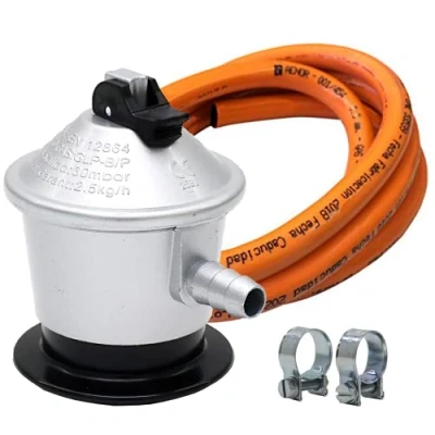 Imagen de FLASHPRIX Regulador Gas Butano con Válvula de Seguridad + Manguera 1,5 mts 2 Abrazaderas