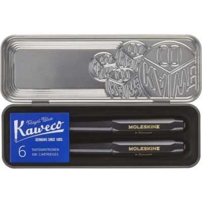Imagen de Moleskine x Kaweco Pluma Estilográfica de Plástico ABS con Plumilla Dorada Tamaño M y Bolígrafo Recargable para Escribir Tomar Notas, Recarga 1.0mm 6 Cartuchos Tinta Azul incluidos, Negro