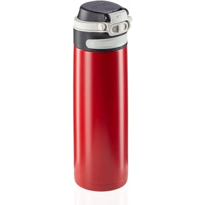 Imagen de Leifheit Vaso térmico Flip (600 ml) con tapón de rosca, taza hermética bloqueo adicional contra fugas, termo portátil, uso una mano, rojo