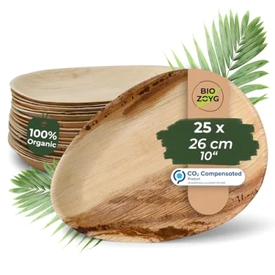 Imagen de BIOZOYG 25x Platos de Hoja Palma 26 cm Vajilla Desechable Palma, en Forma Gota Sostenible para Fiestas