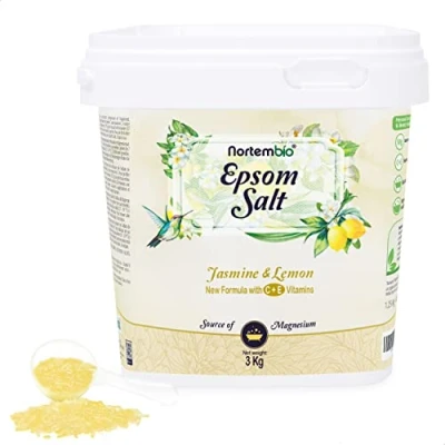 Imagen de Nortembio Sal de Epsom 3 Kg. Fragancia Jazmín y Limón. Baño Hidratada con Vitamina C E. Relajación Músculos, Aromaterapia Buen Sueño. E Book Incluido.