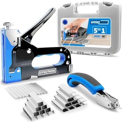 Imagen de EFFEKTWERK Juego de grapadoras manuales Probado por TÜV GS grapadora para madera, tela, muebles, fieltro techos 1500 grapas Clavadora y tapicería