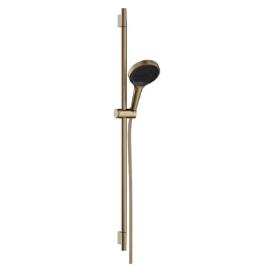 Imagen de hansgrohe Rainfinity, set de ducha ahorro agua, mano (EcoSmart) con barra 90cm, soporte y Designflex flexo textil 160cm, 3 tipos chorro, bronce cepillado