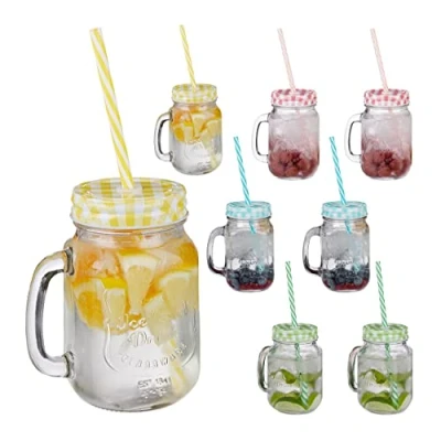 Imagen de Relaxdays Set de 8 vasos con tapa, pajita y asa, Cristalería, Multi color
