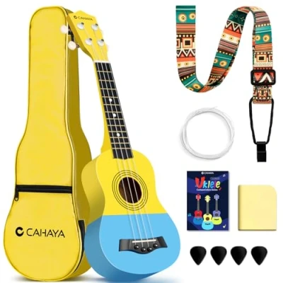Imagen de CAHAYA Soprano Ukelele Para Niños De Cuatro Cuerdas 21 Pulgadas Madera Tilo Ideal Como Regalo Incluye Bolsa Transporte, Amarillo Azul
