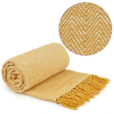 Imagen de Emma Barclay Herringbone Tasselled Recycled Cotton Throw Manta, Algodón, Ocre, 90x100 (228x254cm)