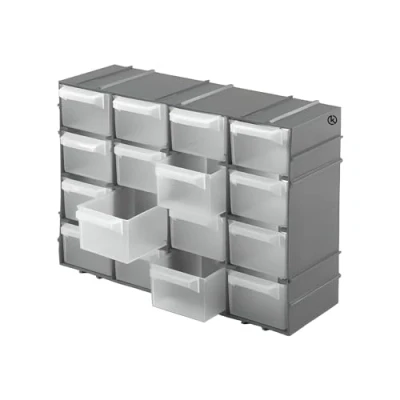 Imagen de KROWN Clasificador Modular de Pared Apilable, 22 x 15 8 cm, 16 Cajones, Almacenamiento Pequeñas Herramientas, Tornillos, Marco Polipropileno, Cajones Transparentes (Mini Box Plata)