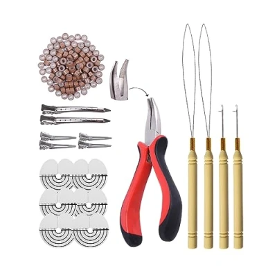 Imagen de Kit de herramientas extensión cabello 1pcs Alicates punta curva + 200pcs Anillos para el silicona Micro Links Beads 2pcs Agujas tirar del cabello(11#marrón claro)