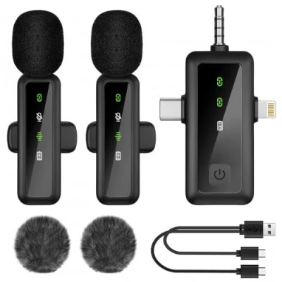 Imagen de 3 en 1 Microfono Inalambrico para Movil Cámaras Ordenador, Micrófono Inalámbrico Bluetooth, Cancelación Ruido, Plug Play, Microfone Wireless Profissional, Lavalier Microphone Podcast Vídeo Vlog