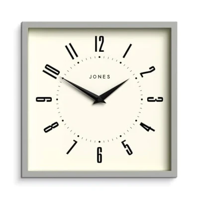 Imagen de JONES CLOCKS® Reloj de Pared con Esfera Retro, Cuadrado, Cocina, Oficina, diseño, Caja Colorida, número arábigo (Pepper Grey)