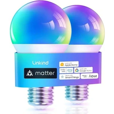 Imagen de Linkind Matter Smart RGBTW Bombilla, E27 Bombilla Alexa, Multicolor Dimmerabile 1800K 6500K, 16 millones de colores,Compatible con Alexa Google Home, 9W equivalente a 60W, paquete 2