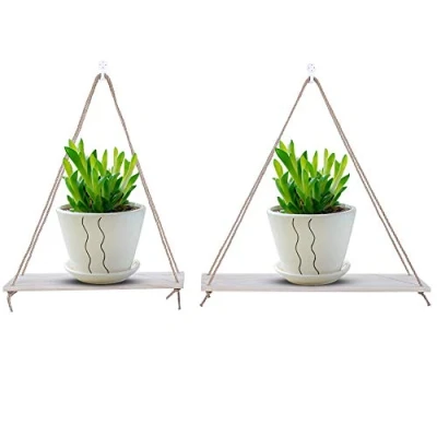 Imagen de Tissting 2 Piezas Estante de Pared Flotante Madera, para Colgar en la Pared, Estantes Macetas Plantas Colgantes con Ganchos, Cuerda Triangular, Decoración Moderna(Color Madera)