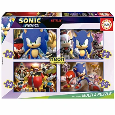 Imagen de Educa Multi 4 Sonic Prime Neon Set de Puzzles Infantiles progresivos 50 a 150 Piezas Que Brillan en la Oscuridad. Medida aproximada una Vez montado: 34 x 24 cm. +5 años (19631)