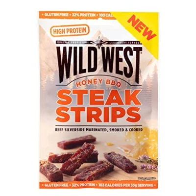 Imagen de Wild West Steak Strips, 60 g Honey BBQ, carne seca altamente proteica, snack proteico Beef Jerky, cecina de vaca