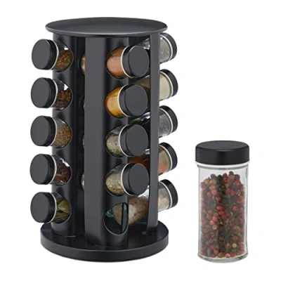 Imagen de Relaxdays Especiero Giratorio con 20 Botes, Dosificadores, Rotatorio, Soporte Especias Reutilizable de Cocina, Negro, 33,5 x 19 cm