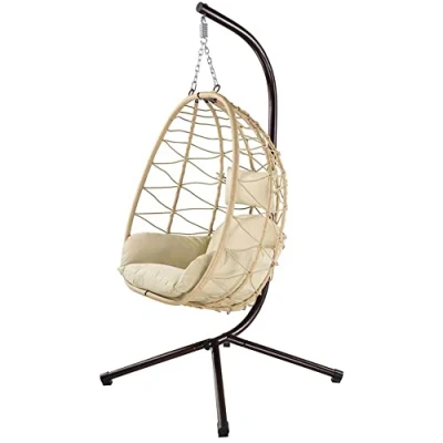 Imagen de BAKAJI Sillón jardín Silla Mecedora Hamaca Colgante Rannat y Metal Beige, Ratán, 198 x 110 95 cm