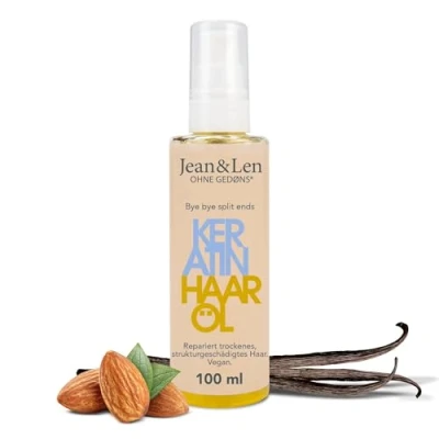 Imagen de Jean &amp; Len Aceite capilar de queratina, efecto antiencrespamiento, con queratina vegetal, para cabello seco y dañado, aroma almendra vainilla, sin siliconas, vegano, 100 ml