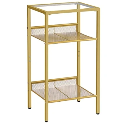Imagen de HOOBRO Mesa Auxiliar, Mesita de Noche, Auxiliar 3 Niveles con Tapa Cristal Templado y Estantes Rejilla, para Salón, Dormitorio, Oficina, Fácil Montaje, Dorada EGD04DH01