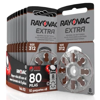 Imagen de 80 Rayovac Extra Pilas para audífonos con Tecnología Sound Fusion tamaño 312. 10 blísteres de 8