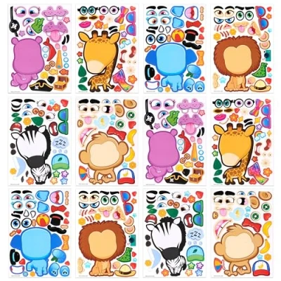 Imagen de JOYIN 24 animales Pegatinas infantiles Set Haz tus propias hojas de adhesivos para mezclar y combinar con leones, monos fantasía, detalles cumpleaños