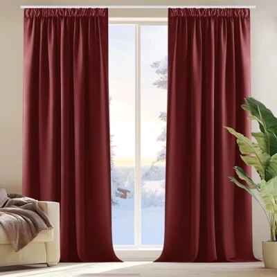 Imagen de Deconovo Cortinas Opacas para Dormitorio Salon Ganchos o Pase por la Barra, Térmicas Aislantes Frio y Calor 2 Piezas, 132x214 cm, Rojo Oscuro