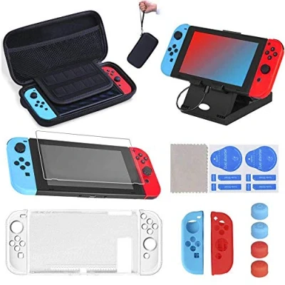 Imagen de 17 en 1 Kit de Accesorios para Nintendo Switch, Funda Switch con 10 Cartucho Juego 2 Protector Pantalla Carcasa Silicona y Plastico Tapas Joystick Soporte Ajustable