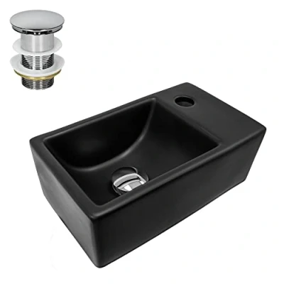 Imagen de ML Design Lavabo de Cerámica Negro Mate 355 x 205 125 mm Fregadero Rectangular para Pared o Sobre Encimera con Juego Desagüe Cromado Diseño Moderno Lavamanos Baño Aseo Agujero Grifo