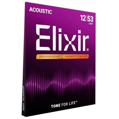 Imagen de Elixir Cuerdas de guitarra acústica Strings bronce fosforado con recubrimiento NANOWEB, calibre ligero, 1 Pack, Light (12 53)
