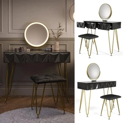 Imagen de Vicco Tocador Ruby, Negro Brillo Intenso, 100 cm con Espejo LED y Taburete