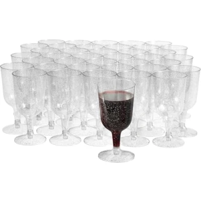 Imagen de MATANA 50 Elegantes Copas de Vino Plástico Duro Transparente con Brillo Plateado (180ml) Resistentes y Reutilizables Cumpleaños, Bodas, Navidad, Barbacoas, Fiestas
