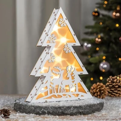 Imagen de Spetebo Árbol de Navidad LED madera, 30 cm, renos, decoración con iluminación blanca cálida, funciona pilas