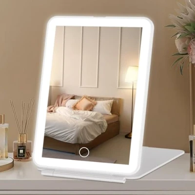Imagen de FASCINATE Espejo de Maquillaje Viaje Recargable con 72 Luces LED, portátil Iluminado, iluminación 3 Colores, Regulable, cosmético Plegable sobremesa