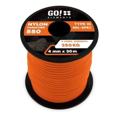 Imagen de GO!elements 30m Paracord de Nylon a Prueba desgarros 4mm 550 Typo III Cuerda Adecuado como Yute &amp; Gruesa MAX. 250kg, Color: Naranja