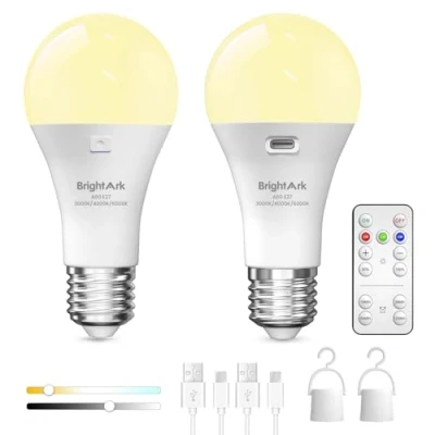 Imagen de BrightArk Bombilla Recargable USB, E27 LED con Mando, 3 Temperaturas de Color Función Tiempo, para Emergencia Hogar y Exterior (pack 2)