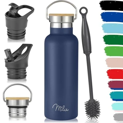 Imagen de Milu botella de acero inoxidable 350 ml, 500 750 1 l (+3 tapas) termo con paja, agua, para bebidas calientes, frías y carbonatadas (azul marino, ml)