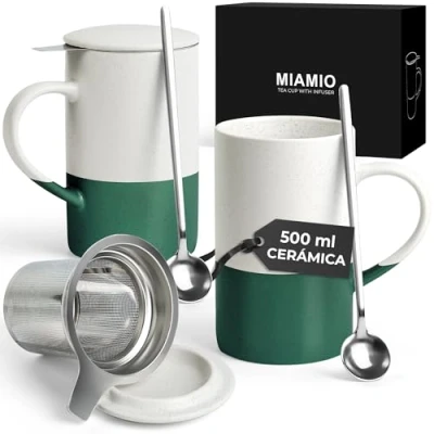 Imagen de MIAMIO Juego de tazas té 2 x 500 ml con infusor y tapa/Taza cerámica cuchara para remojar hojas sueltas Apto microondas lav (Verde oscuro)