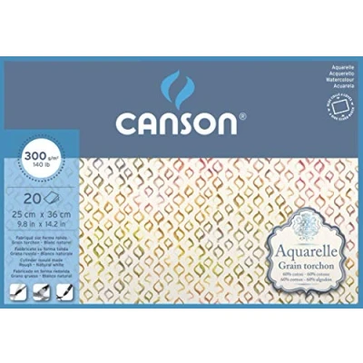 Imagen de Canson Aquarelle Bloc Encolado a 4 Lados, 25 x 36 cm, 20 Hojas, 60% Algodón, Grano Grueso, 300 g