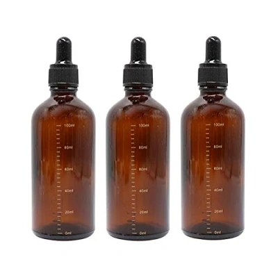 Imagen de QUUPY 3 botellas de vidrio ámbar 100 ml, botella cuentagotas vacía con gotero pipeta vidrio, recargable, graduada para difusor aceites esenciales, mezcla