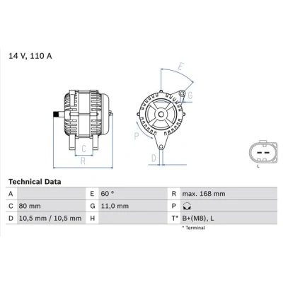Imagen de BOSCH 0 986 080 060 Alternador 14V 110A IVECO: DAILY 6 Pritsche/Fahrgestell, 3 Kasten/Kombi, 4 FIAT: Ducato III Furgón