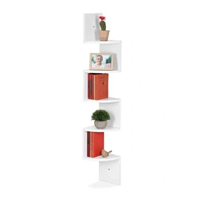Imagen de Relaxdays Blanca Estantería Pared Esquinera 5 Niveles, Librería Flotante Zigzag, Estantes MDF, 122x19,5x19,5 cm, Tablero de Fibras, 122 x 19,5 cm