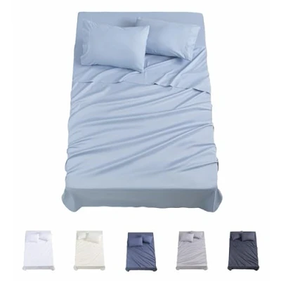 Imagen de Todocama Juego de Sábanas 4 Piezas 3001 Sábana Bajera Ajustable Encimera Dos Fundas Almohada 50x80cm. (Cama 180x190/200 cm, Azul Claro)