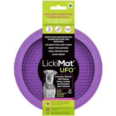 Imagen de LickiMat UFO Purple Ditractor perfecto para bañarse y ducharse. de goma natural con puntos chupete. Golosinas líquidas. Diseño único atrapador alimentos goteos. Adecuado